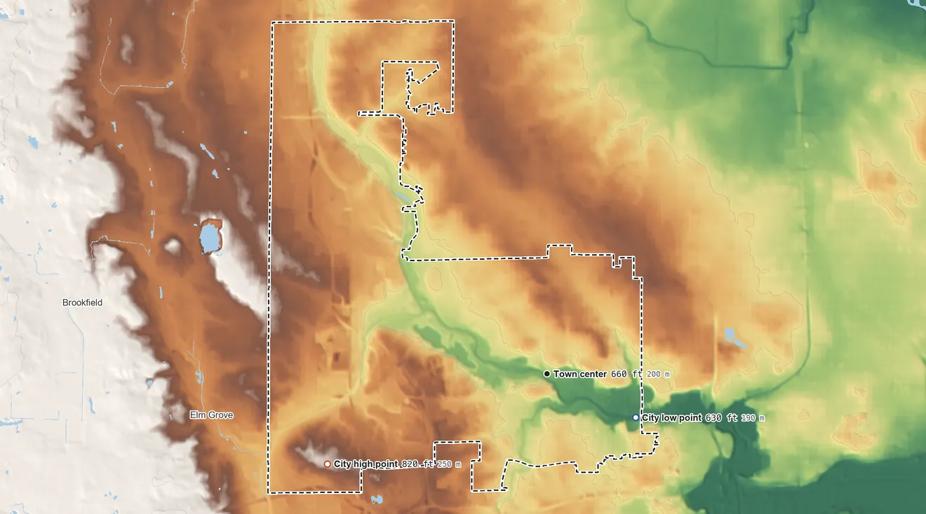 Topographic elevation map of Wauwatosa, Wisconsin, shaded from 630 ft on the southeast side to 820 ft on the west side