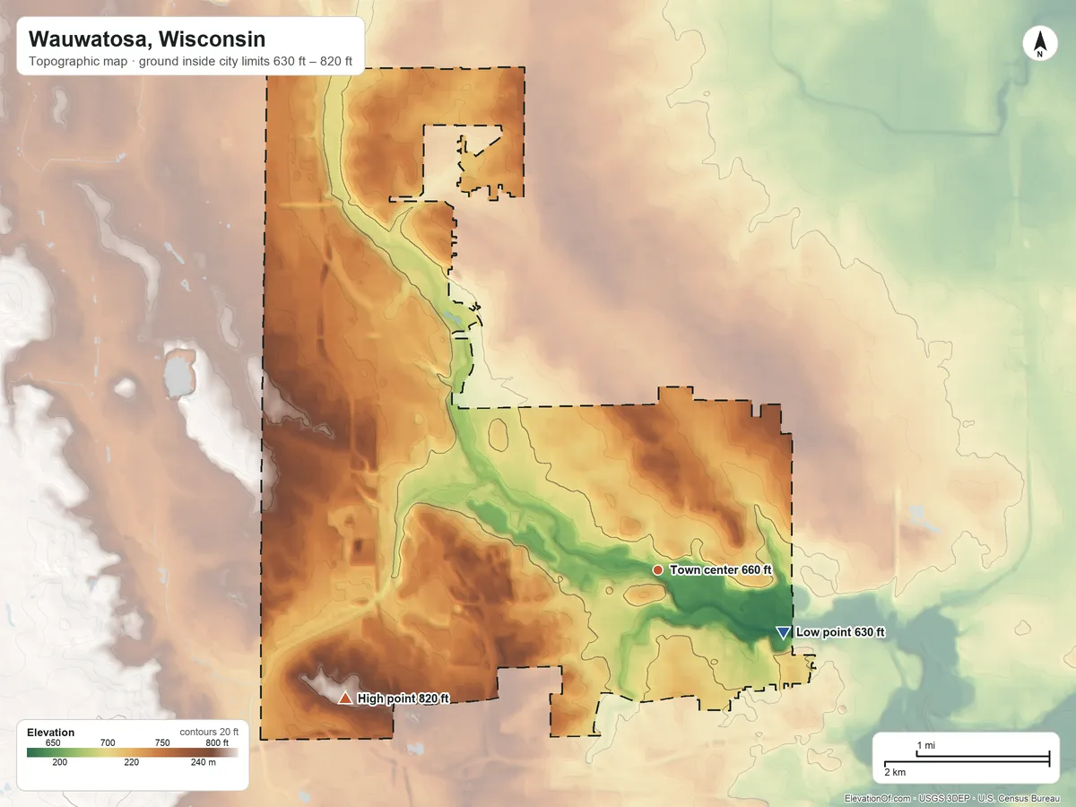 Topographic elevation map of Wauwatosa, Wisconsin, shaded from 630 ft on the southeast side to 820 ft on the west side