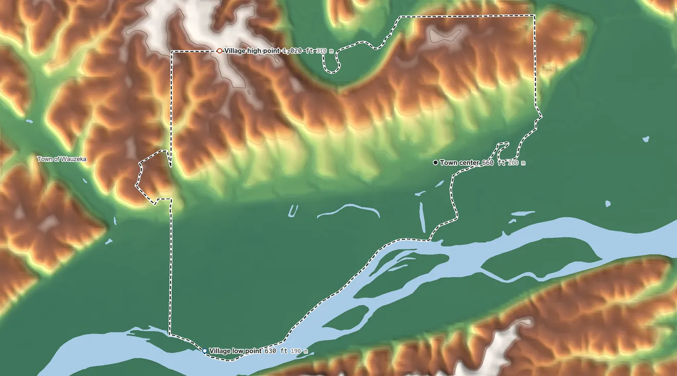 Topographic elevation map of Wauzeka, Wisconsin, shaded from 630 ft on the southwest side to 1,020 ft on the northwest side