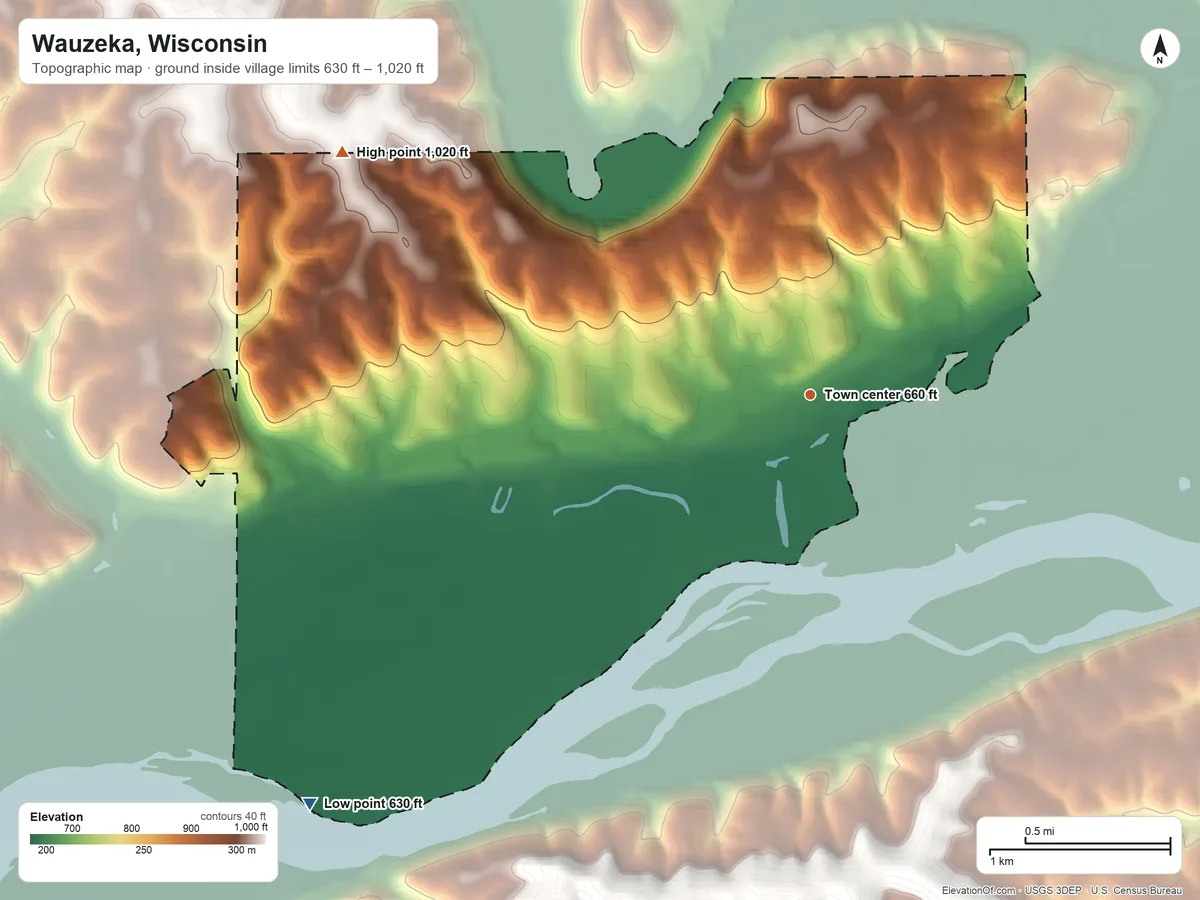 Topographic elevation map of Wauzeka, Wisconsin, shaded from 630 ft on the southwest side to 1,020 ft on the northwest side