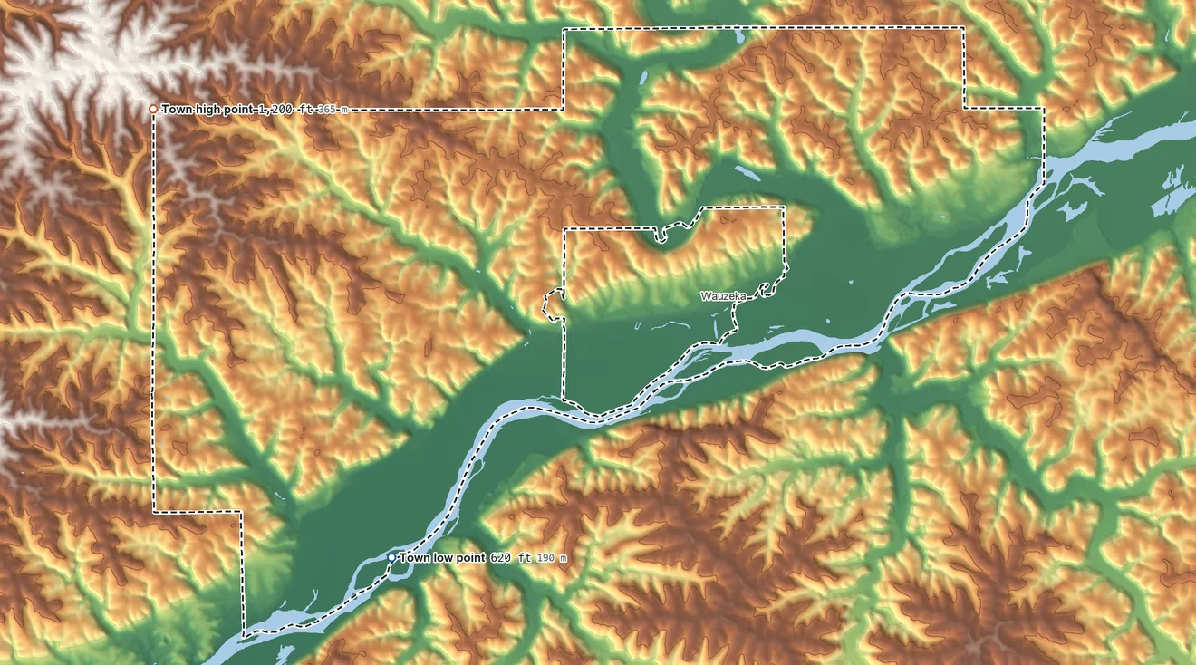 Topographic elevation map of Town of Wauzeka, Wisconsin, shaded from 620 ft on the south side to 1,200 ft on the northwest side