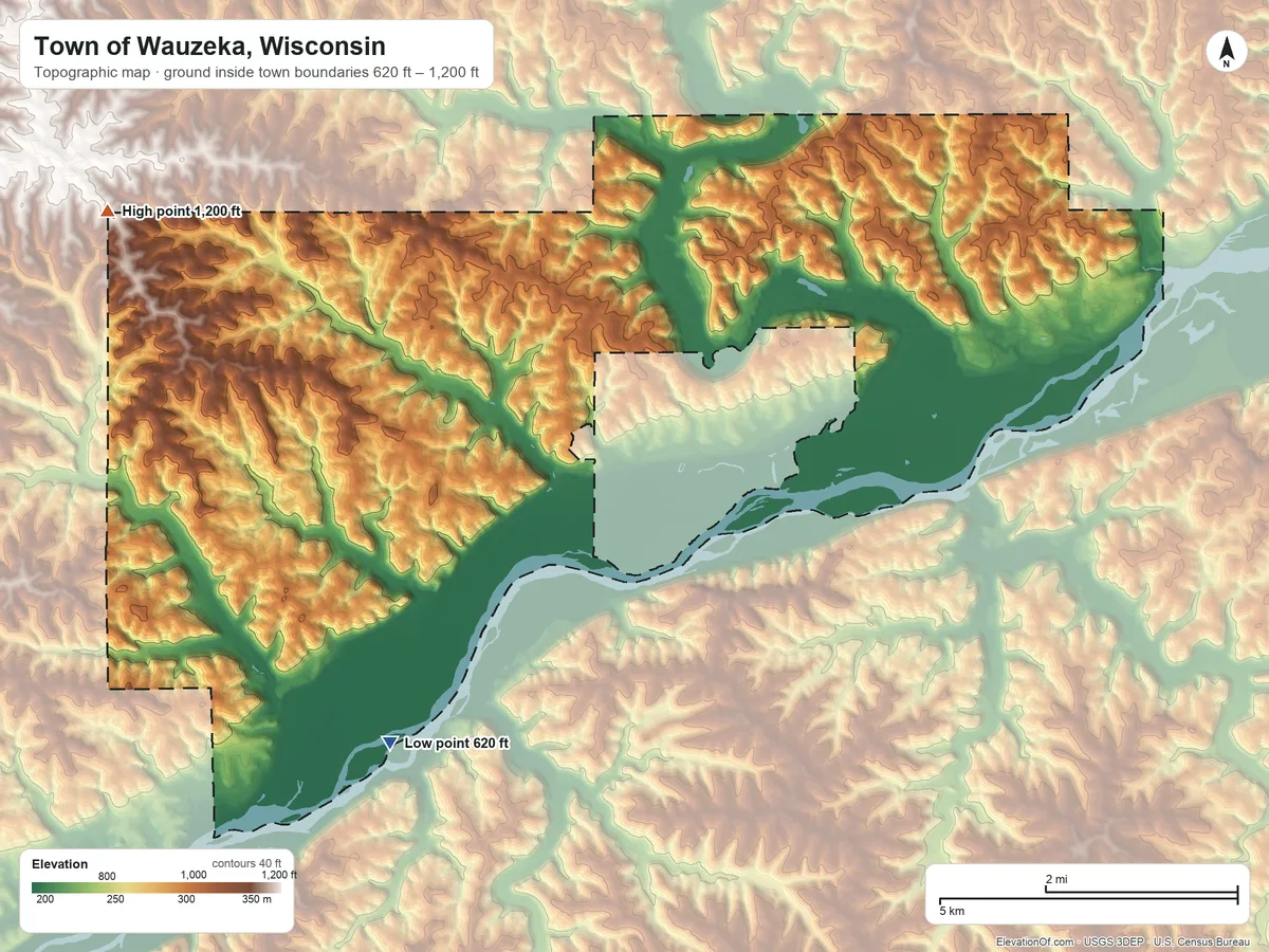 Topographic elevation map of Town of Wauzeka, Wisconsin, shaded from 620 ft on the south side to 1,200 ft on the northwest side