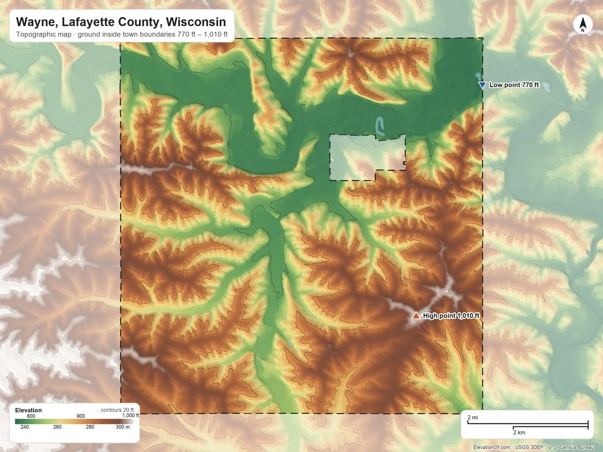 Topographic elevation map of Wayne, Lafayette County, Wisconsin, shaded from 770 ft on the northeast side to 1,010 ft on the southeast side