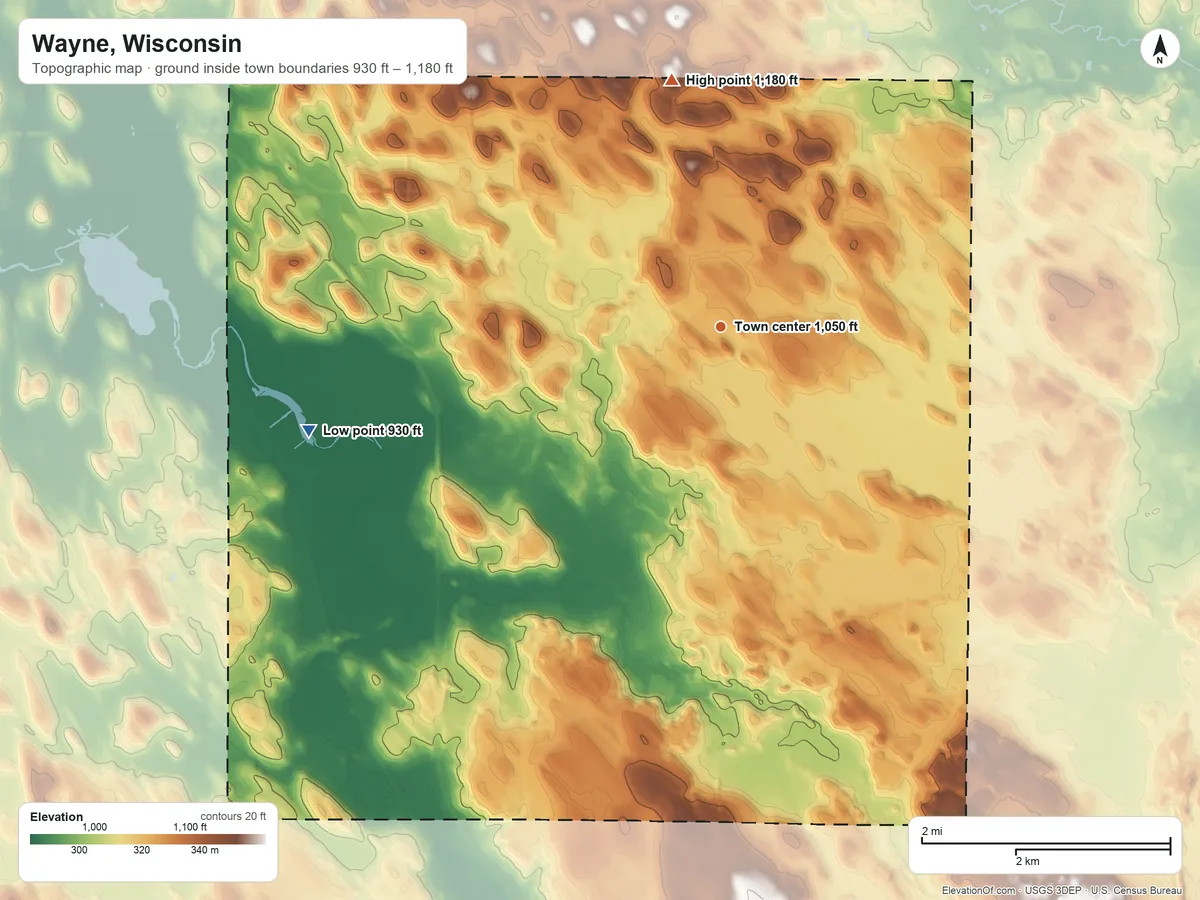 Topographic elevation map of Wayne, Wisconsin, shaded from 930 ft on the west side to 1,180 ft on the north side