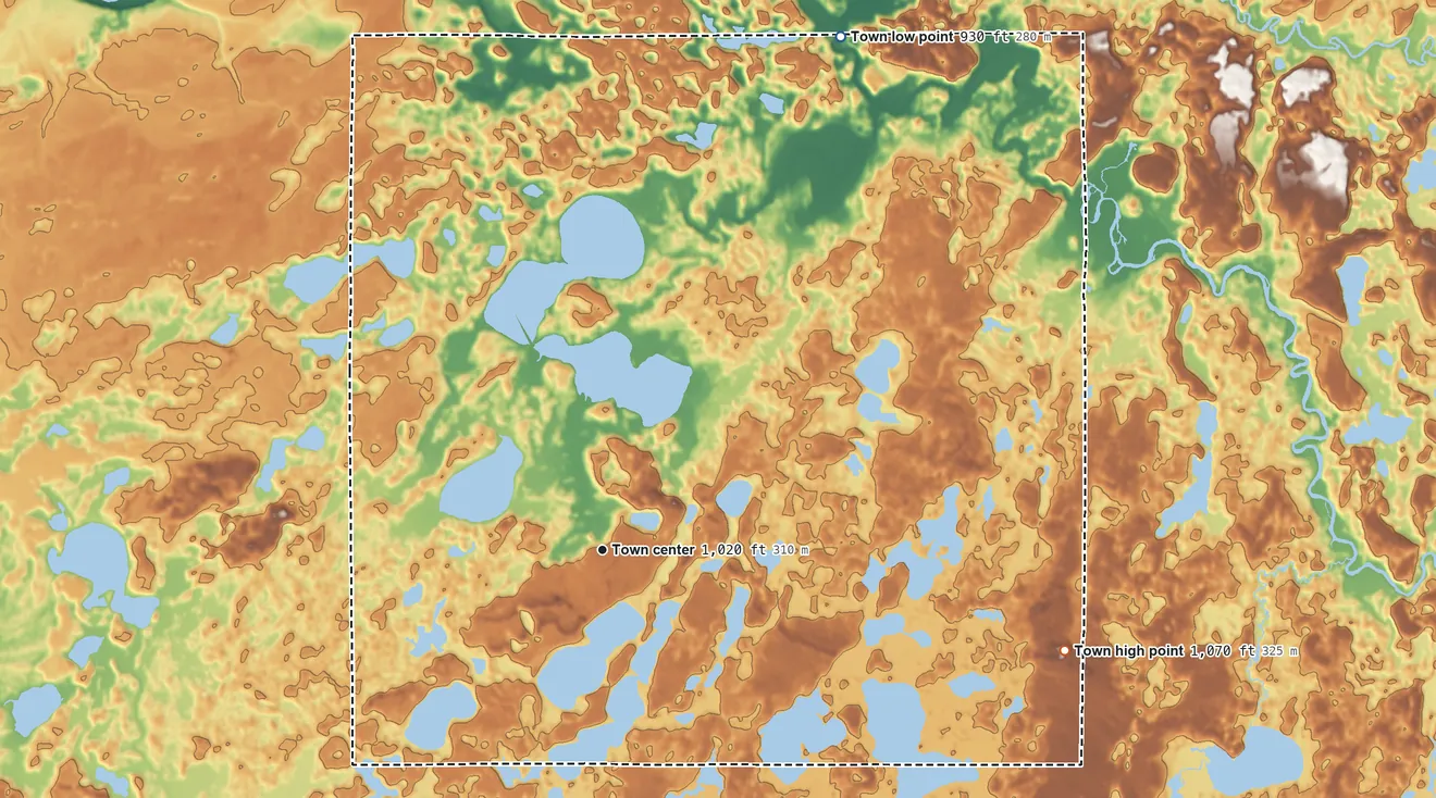 Topographic elevation map of Webb Lake, Wisconsin, shaded from 930 ft on the northeast side to 1,070 ft on the east side