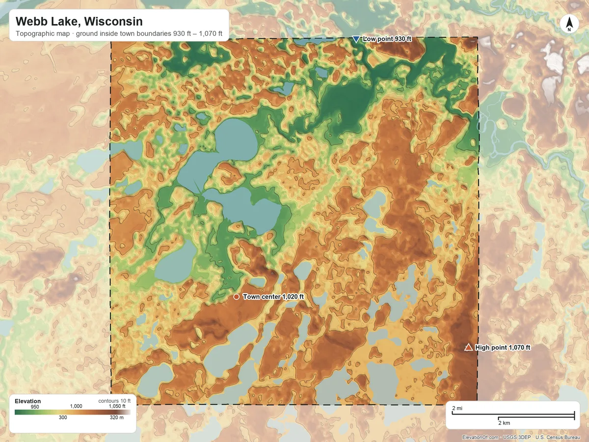 Topographic elevation map of Webb Lake, Wisconsin, shaded from 930 ft on the northeast side to 1,070 ft on the east side