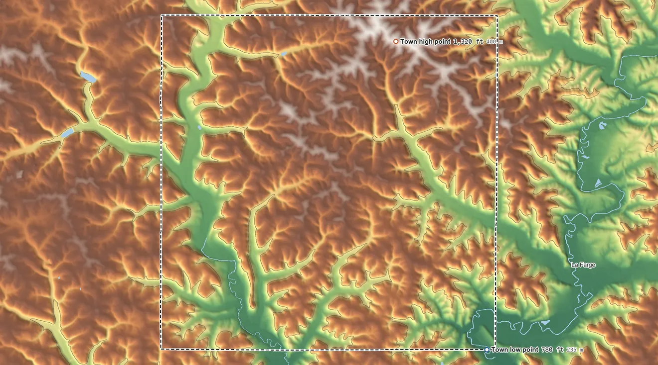 Topographic elevation map of Webster, Wisconsin, shaded from 780 ft on the southeast side to 1,320 ft on the northeast side