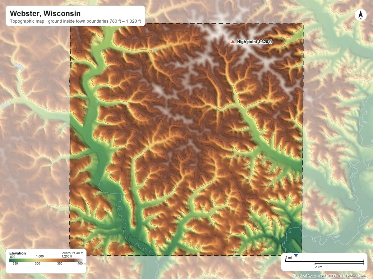 Topographic elevation map of Webster, Wisconsin, shaded from 780 ft on the southeast side to 1,320 ft on the northeast side