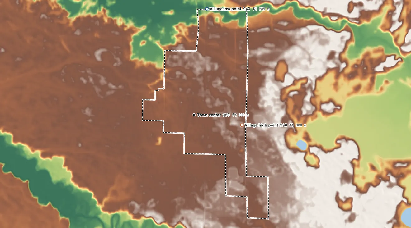 Topographic elevation map of Village of Webster, Wisconsin, shaded from 940 ft on the north side to 990 ft on the east side