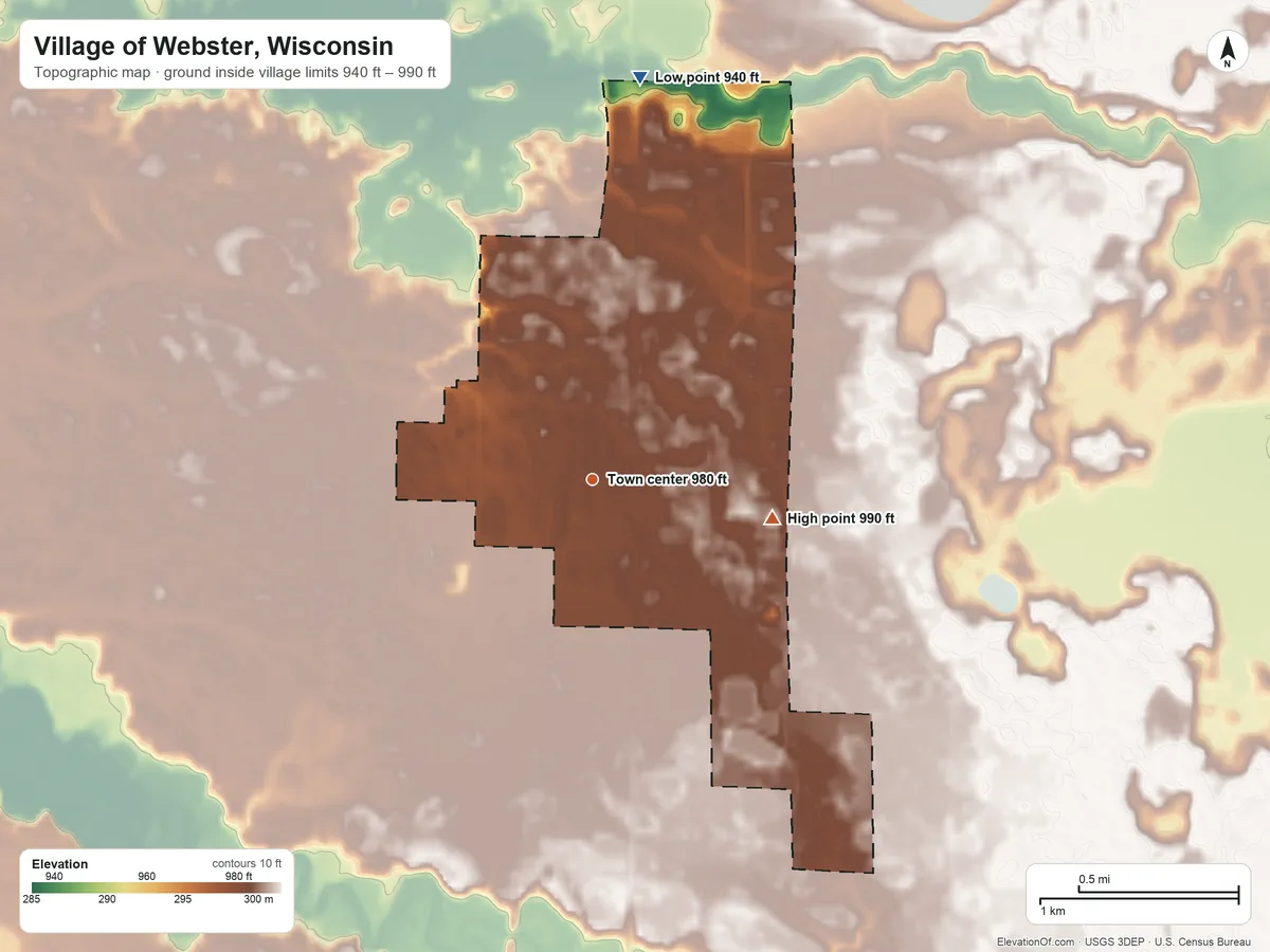 Topographic elevation map of Village of Webster, Wisconsin, shaded from 940 ft on the north side to 990 ft on the east side