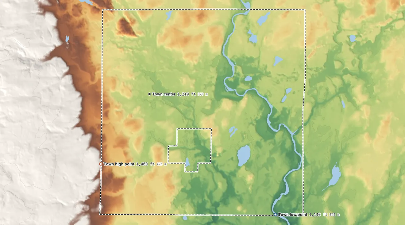 Topographic elevation map of Weirgor, Wisconsin, shaded from 1,140 ft on the southeast side to 1,400 ft on the southwest side