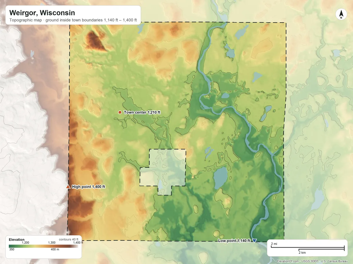 Topographic elevation map of Weirgor, Wisconsin, shaded from 1,140 ft on the southeast side to 1,400 ft on the southwest side