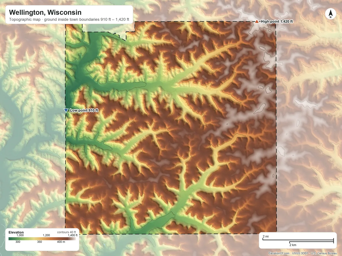 Topographic elevation map of Wellington, Wisconsin, shaded from 910 ft on the west side to 1,420 ft on the northeast side