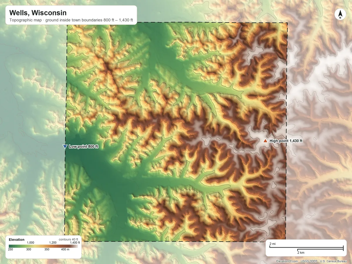 Topographic elevation map of Wells, Wisconsin, shaded from 800 ft on the west side to 1,430 ft on the east side