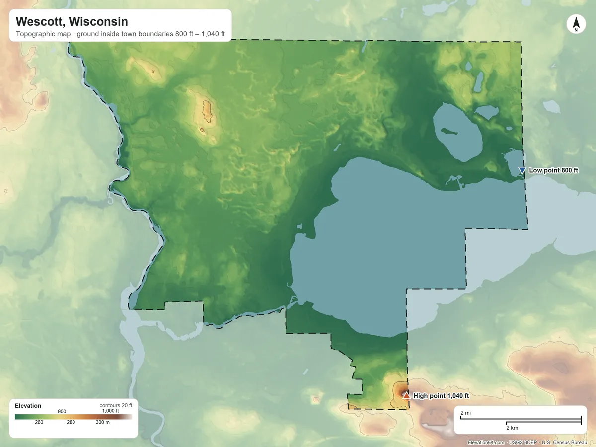 Topographic elevation map of Wescott, Wisconsin, shaded from 800 ft on the east side to 1,040 ft on the southeast side
