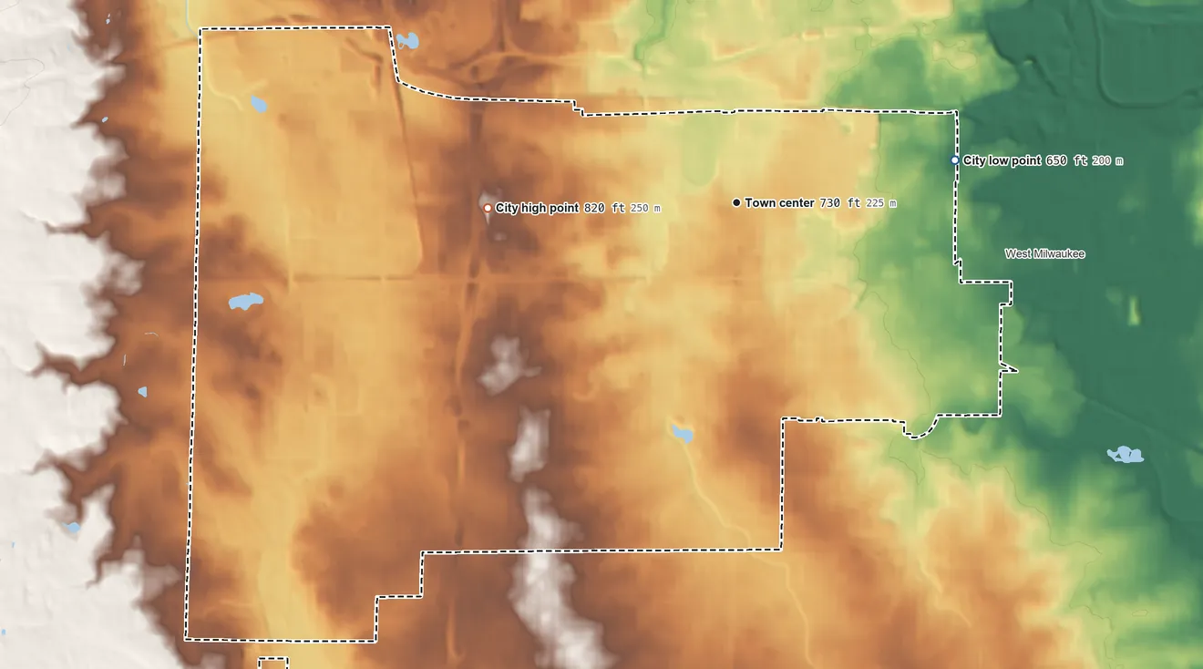 Topographic elevation map of West Allis, Wisconsin, shaded from 650 ft on the east side to 820 ft on the west side