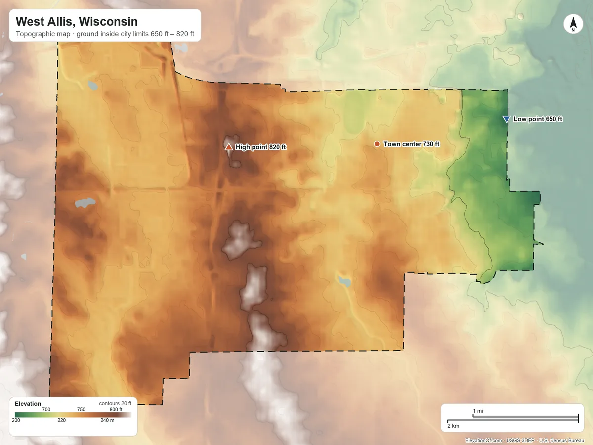 Topographic elevation map of West Allis, Wisconsin, shaded from 650 ft on the east side to 820 ft on the west side