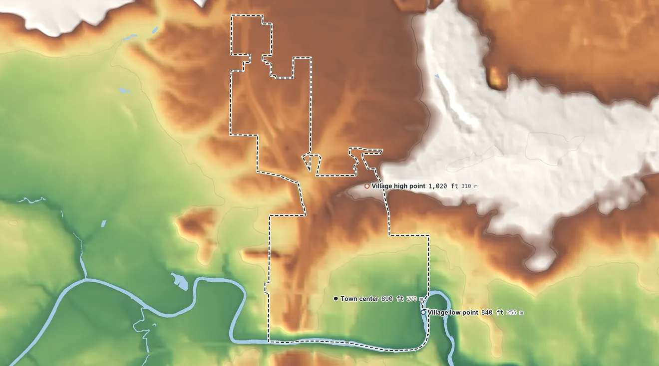 Topographic elevation map of West Baraboo, Wisconsin, shaded from 840 ft on the east side to 1,020 ft on the north side