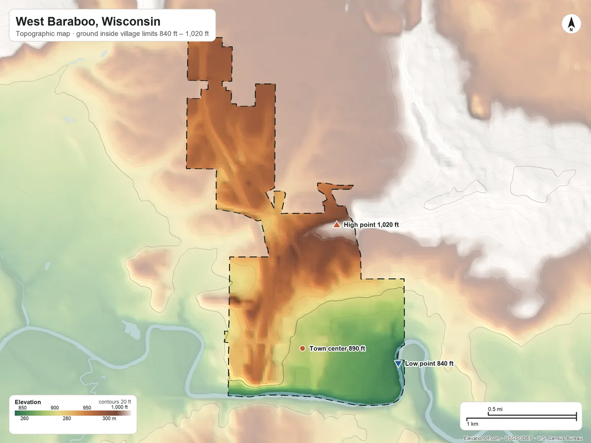 Topographic elevation map of West Baraboo, Wisconsin, shaded from 840 ft on the east side to 1,020 ft on the north side