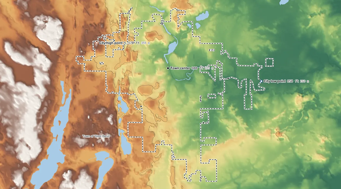 Topographic elevation map of West Bend, Wisconsin, shaded from 850 ft on the east side to 1,170 ft on the west side
