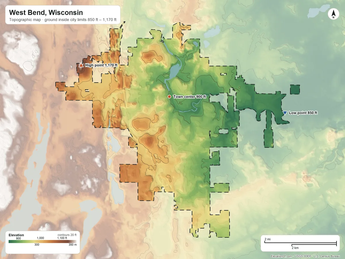 Topographic elevation map of West Bend, Wisconsin, shaded from 850 ft on the east side to 1,170 ft on the west side