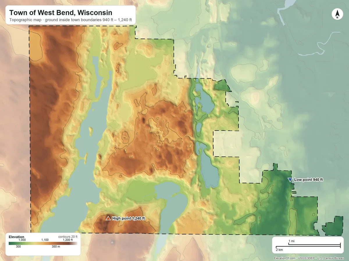 Topographic elevation map of Town of West Bend, Wisconsin, shaded from 940 ft on the east side to 1,240 ft on Fox Hill