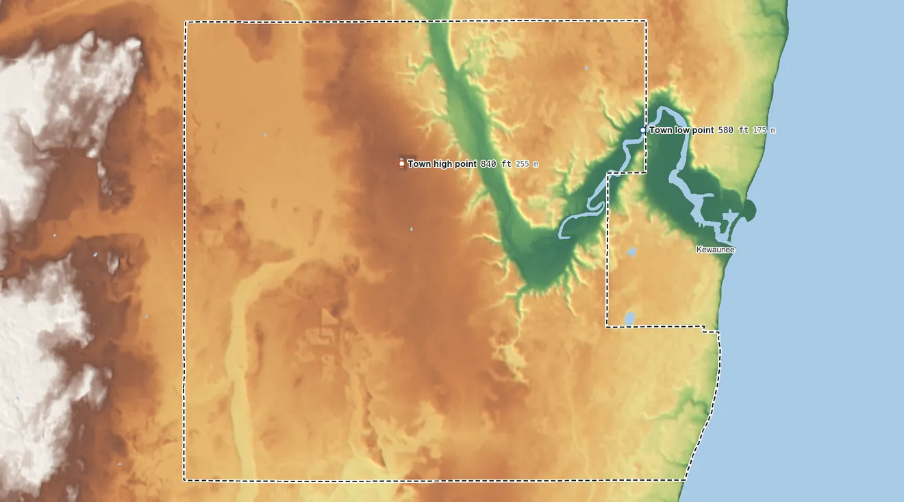 Topographic elevation map of West Kewaunee, Wisconsin, shaded from 580 ft on the northeast side to 840 ft on the north side