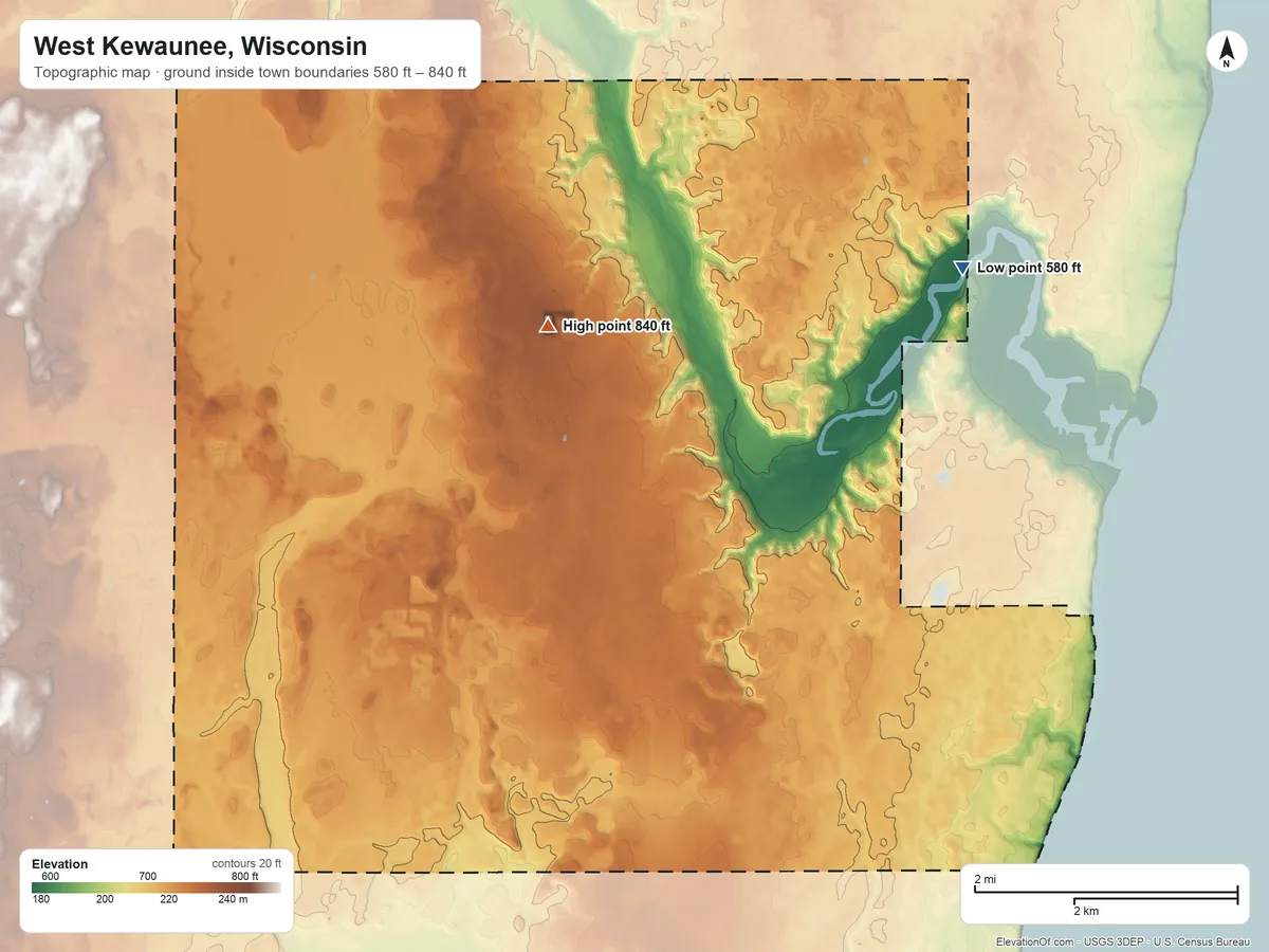 Topographic elevation map of West Kewaunee, Wisconsin, shaded from 580 ft on the northeast side to 840 ft on the north side