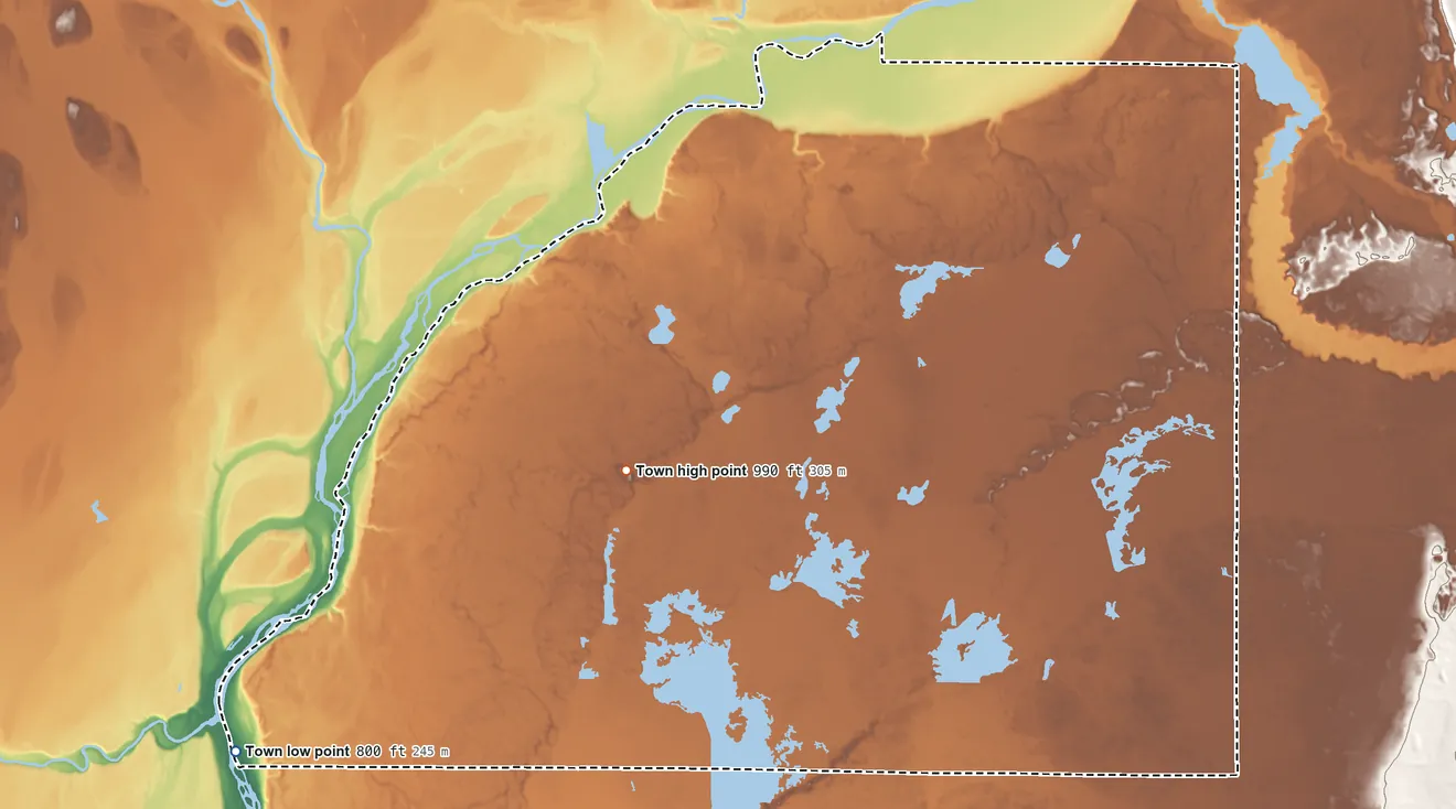 Topographic elevation map of West Marshland, Wisconsin, shaded from 800 ft on the southwest side to 990 ft on the northeast side