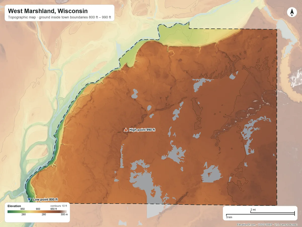 Topographic elevation map of West Marshland, Wisconsin, shaded from 800 ft on the southwest side to 990 ft on the northeast side