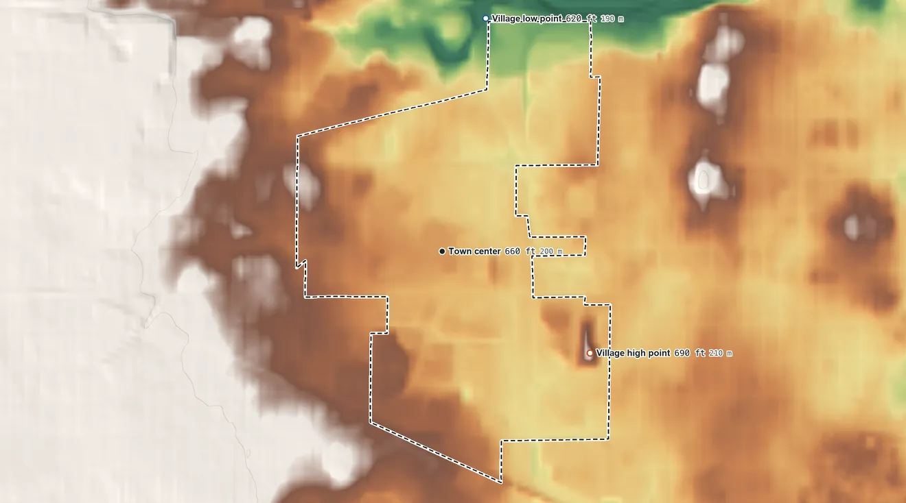 Topographic elevation map of West Milwaukee, Wisconsin, shaded from 620 ft on the north side to 690 ft on the southeast side
