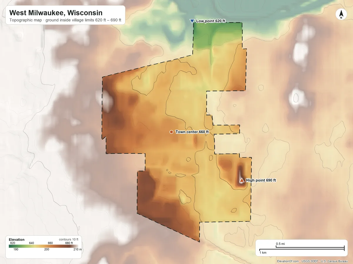 Topographic elevation map of West Milwaukee, Wisconsin, shaded from 620 ft on the north side to 690 ft on the southeast side