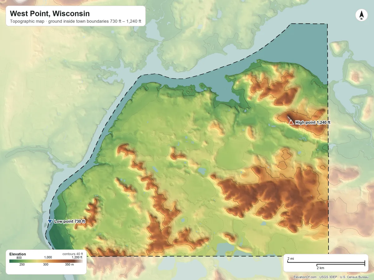 Topographic elevation map of West Point, Wisconsin, shaded from 730 ft on the west side to 1,240 ft on the northeast side