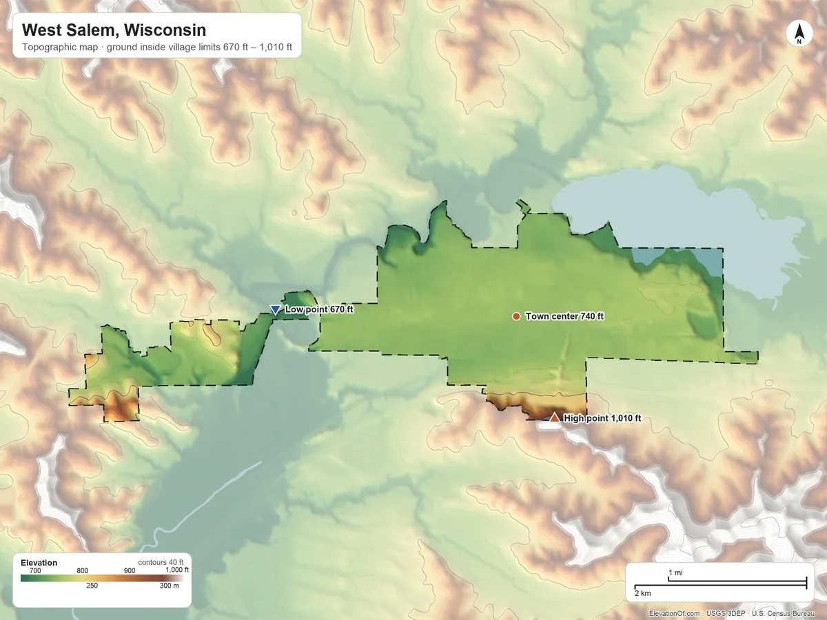 Topographic elevation map of West Salem, Wisconsin, shaded from 670 ft on the west side to 1,010 ft on the south side
