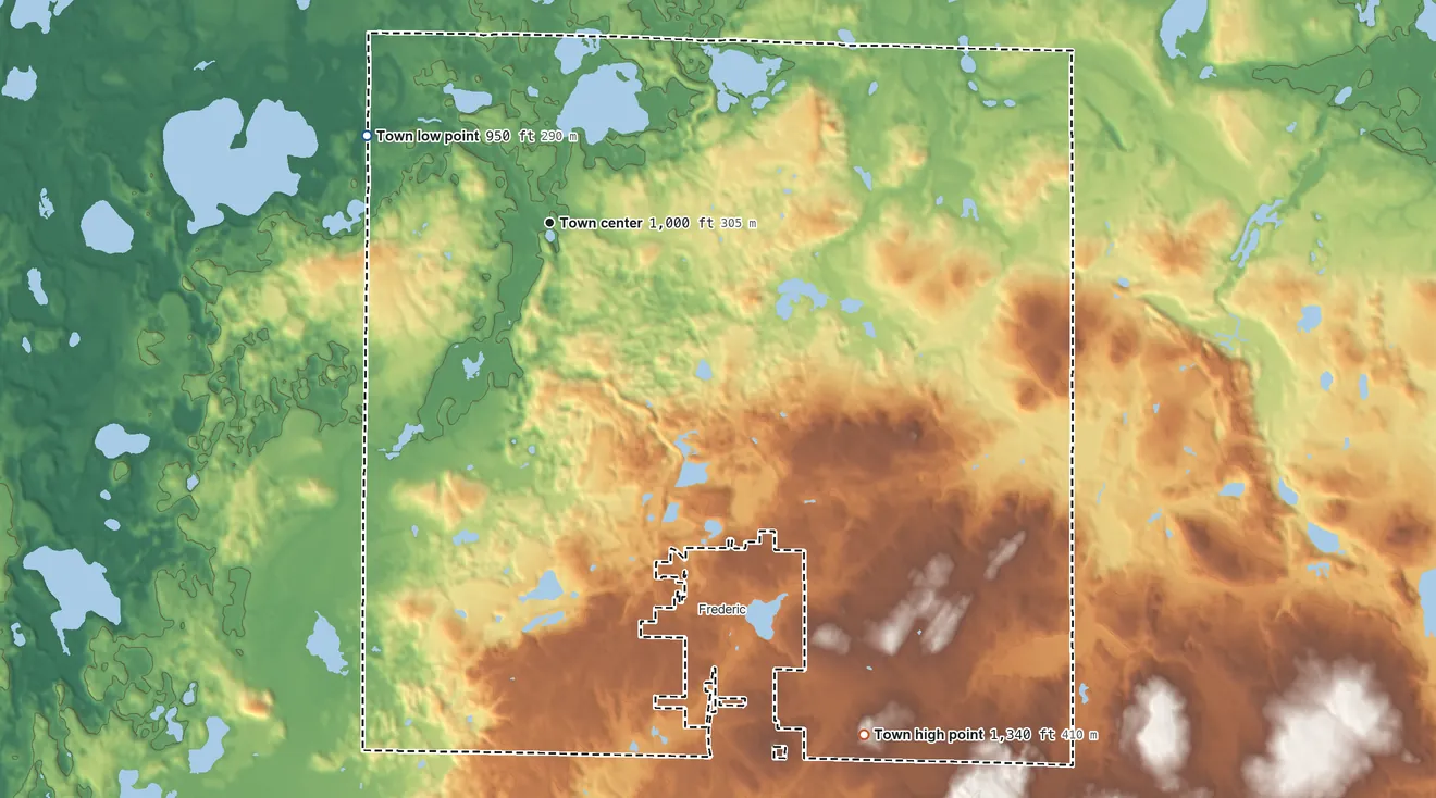 Topographic elevation map of West Sweden, Wisconsin, shaded from 950 ft on the northwest side to 1,340 ft on the southeast side