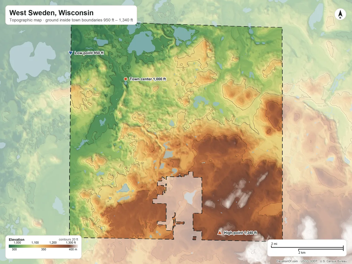Topographic elevation map of West Sweden, Wisconsin, shaded from 950 ft on the northwest side to 1,340 ft on the southeast side