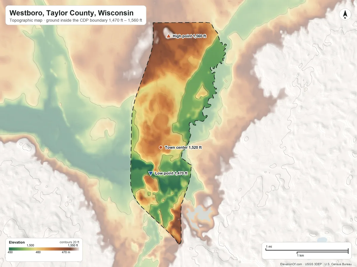 Topographic elevation map of Westboro, Taylor County, Wisconsin, shaded from 1,470 ft on the south side to 1,560 ft on the north side