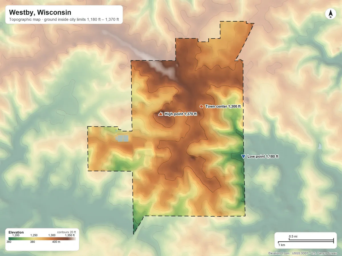 Topographic elevation map of Westby, Wisconsin, shaded from 1,180 ft on the southeast side to 1,370 ft on the west side