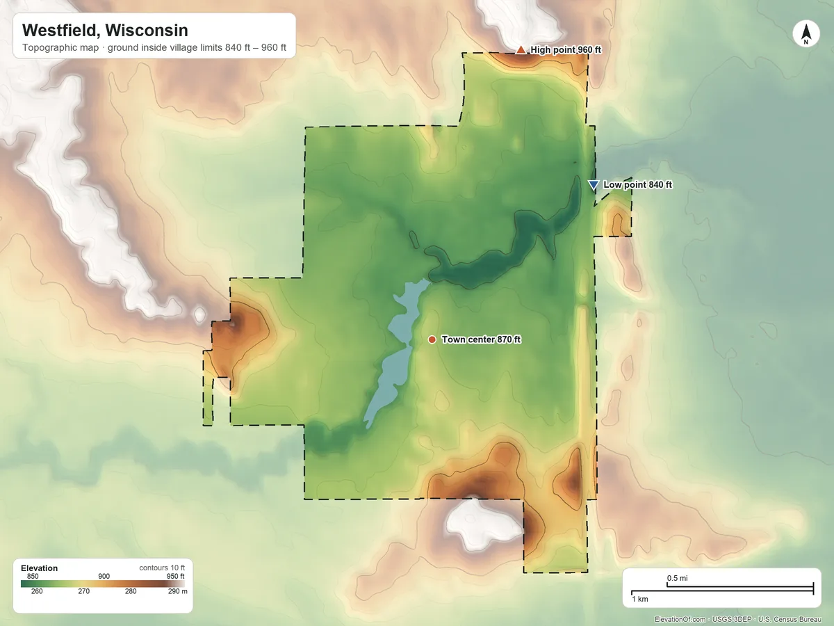 Topographic elevation map of Westfield, Wisconsin, shaded from 840 ft on the northeast side to 960 ft on the north side