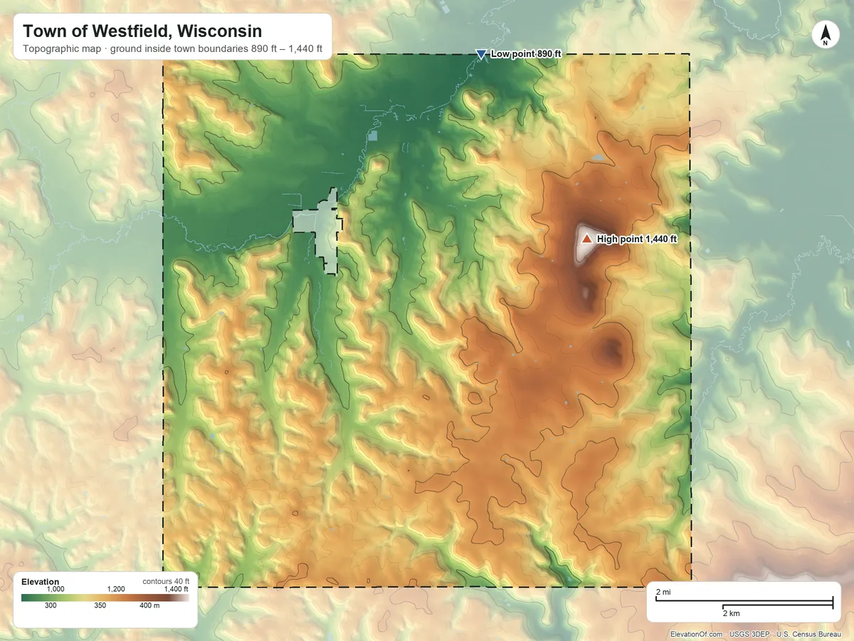 Topographic elevation map of Town of Westfield, Wisconsin, shaded from 890 ft on the north side to 1,440 ft on the northeast side
