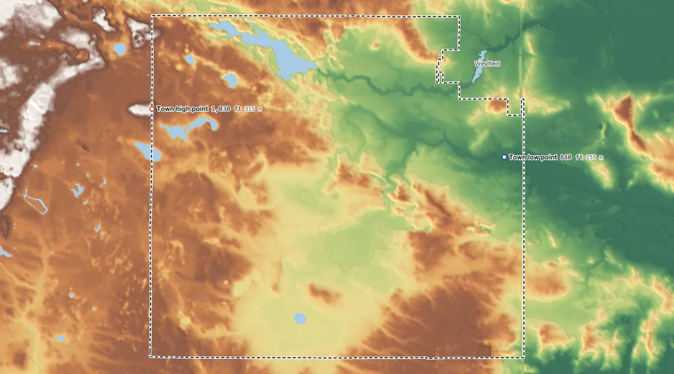 Topographic elevation map of Town of Westfield, Wisconsin, shaded from 840 ft on the east side to 1,030 ft on the west side