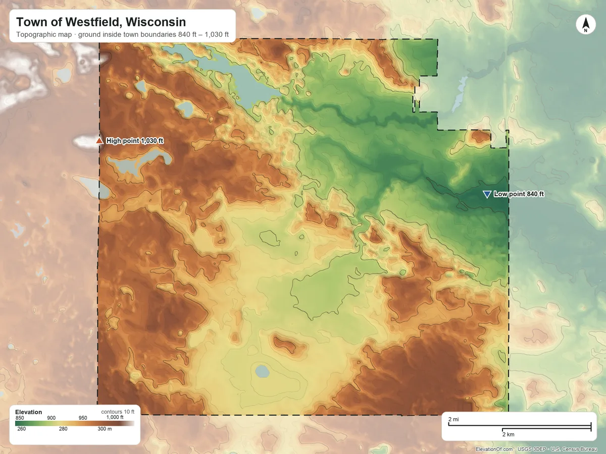 Topographic elevation map of Town of Westfield, Wisconsin, shaded from 840 ft on the east side to 1,030 ft on the west side