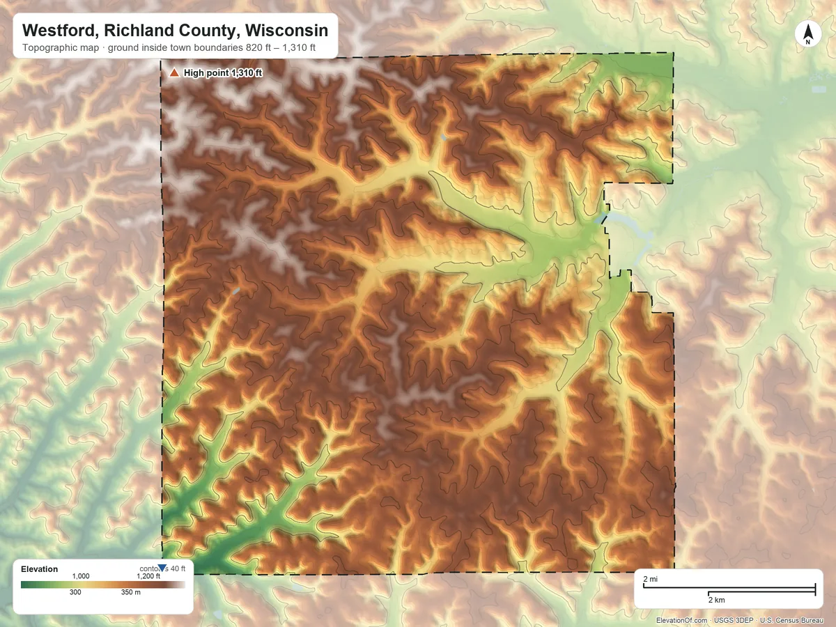 Topographic elevation map of Westford, Richland County, Wisconsin, shaded from 820 ft on the southwest side to 1,310 ft on the northwest side