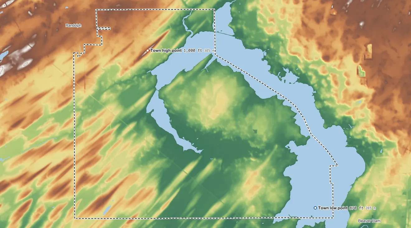 Topographic elevation map of Westford, Wisconsin, shaded from 870 ft on the southeast side to 1,000 ft on the northwest side