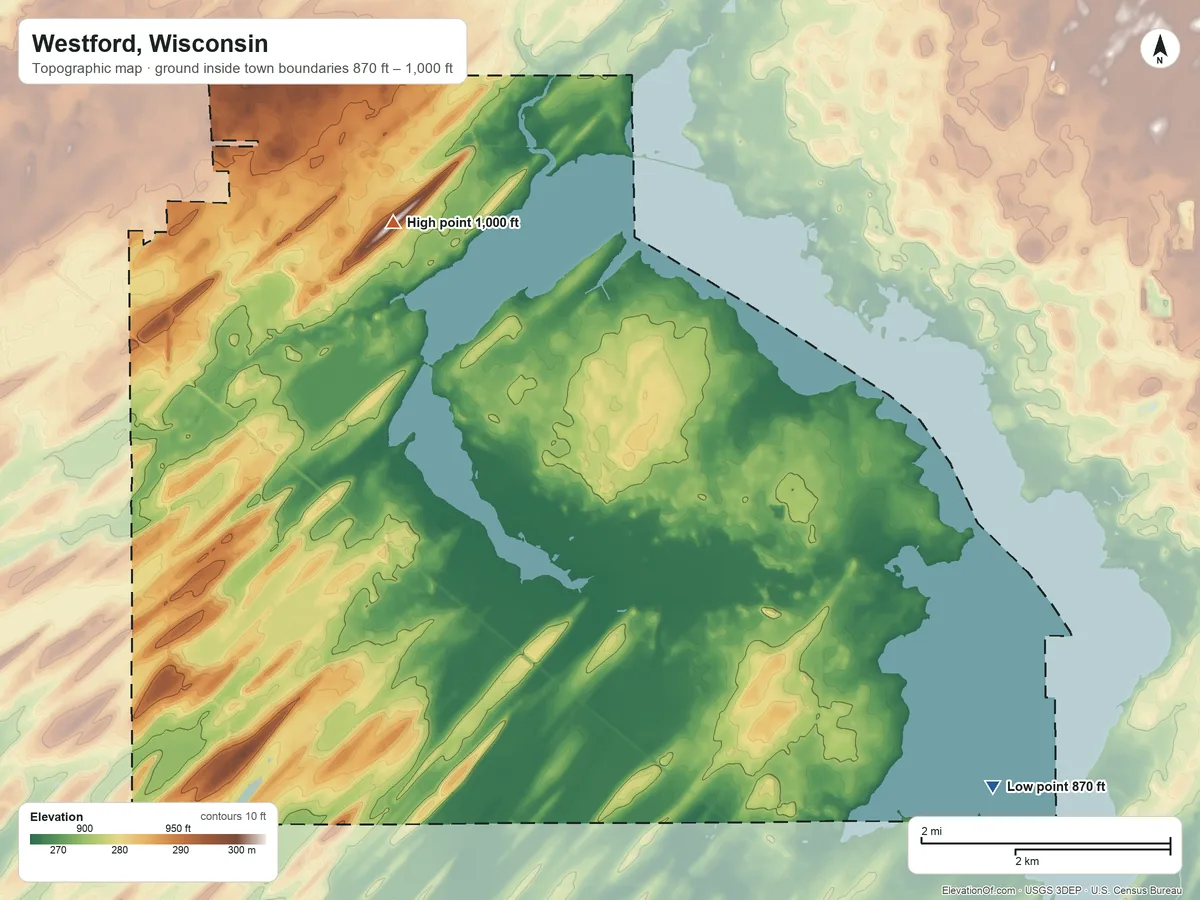Topographic elevation map of Westford, Wisconsin, shaded from 870 ft on the southeast side to 1,000 ft on the northwest side