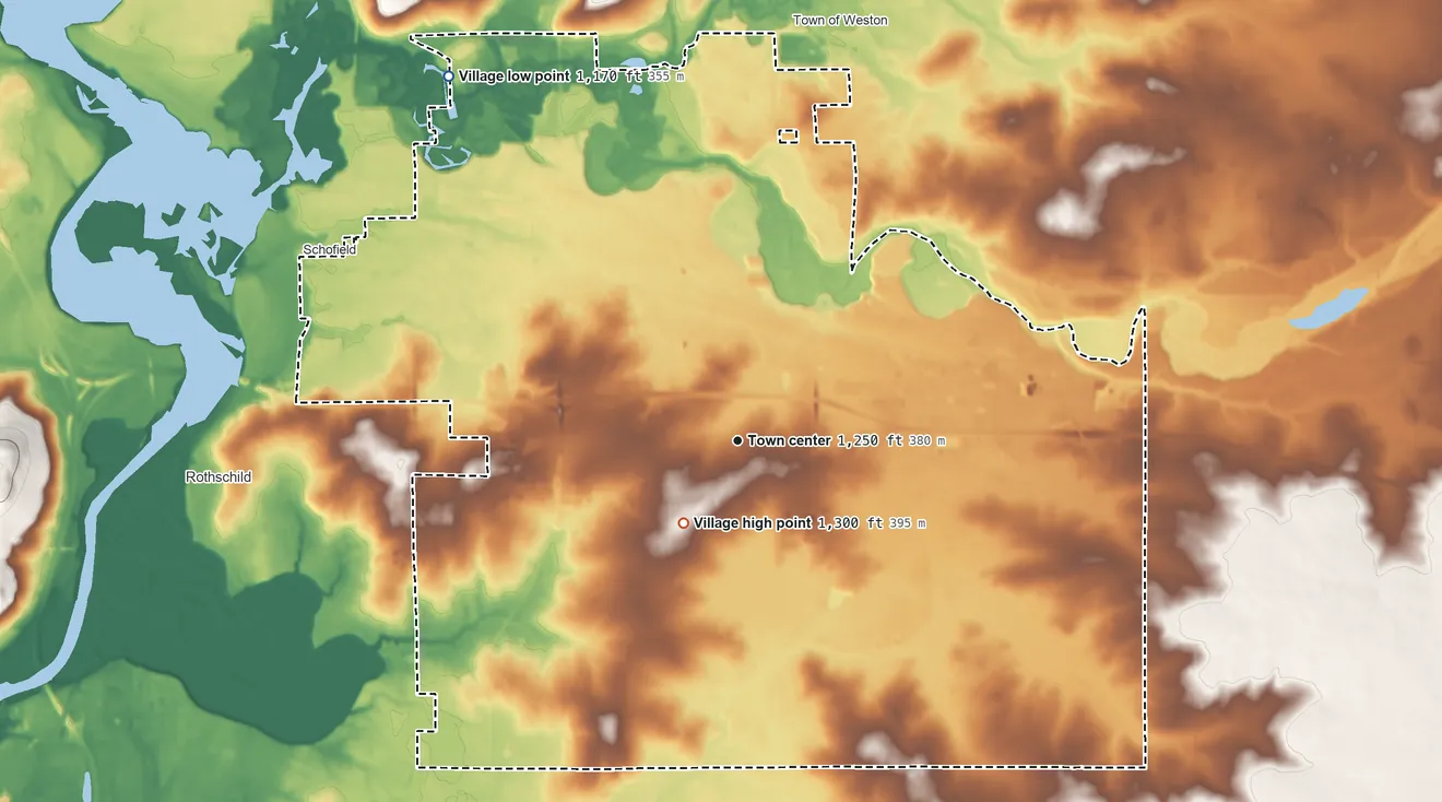 Topographic elevation map of Weston, Wisconsin, shaded from 1,170 ft on the northwest side to 1,300 ft near the middle