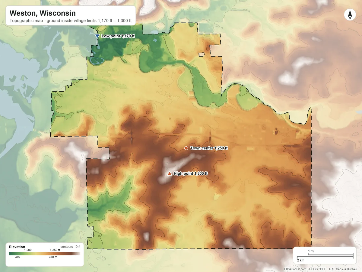 Topographic elevation map of Weston, Wisconsin, shaded from 1,170 ft on the northwest side to 1,300 ft near the middle