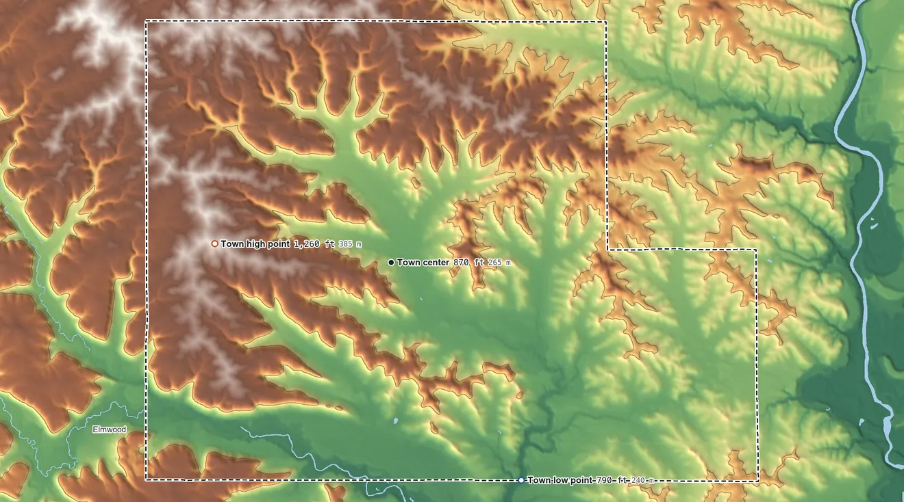 Topographic elevation map of Town of Weston, Wisconsin, shaded from 790 ft on the southeast side to 1,260 ft on the west side
