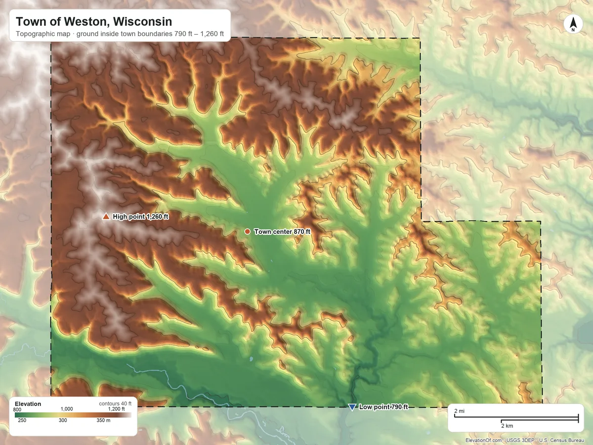 Topographic elevation map of Town of Weston, Wisconsin, shaded from 790 ft on the southeast side to 1,260 ft on the west side
