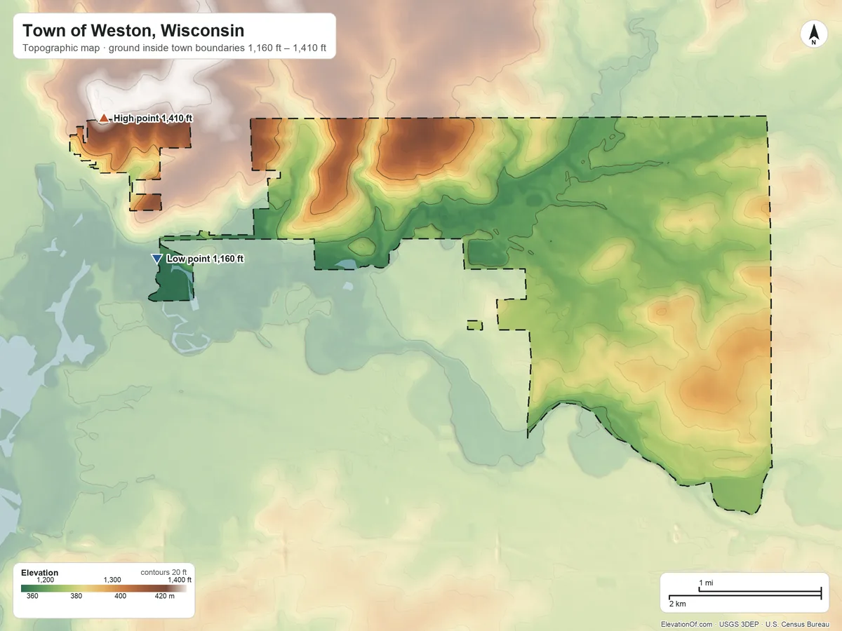 Topographic elevation map of Town of Weston, Wisconsin, shaded from 1,160 ft on the west side to 1,410 ft on the west side